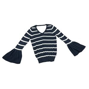 Chaser Women's Striped Knit Top Bell Sleeve V Neck Sweater Blue‎ White SZ L